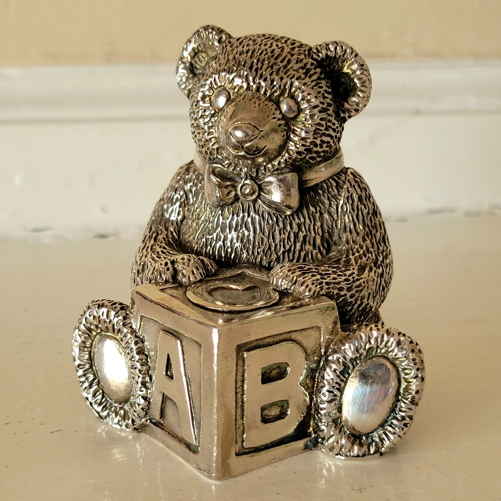 Collectible Pewter Music Box Teddy Bear Figurine Alphabet Block